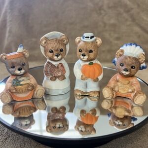 4 VINTAGE HOMCO FALL PUMPKIN TURKEY THANKSGIVING BEAR FIGURINES #5312